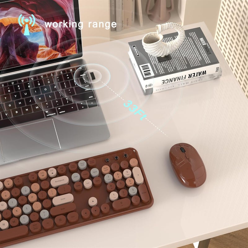 MPTOG Colorful Wireless Computer Keyboard and Mouse Combo with Round Typewriter Keycaps, Retro Design, Power Switch, Ergonomic Design, 2.4GHz Wireless for Windows, Mac, PC(Coffee-Colorful) - Image 4
